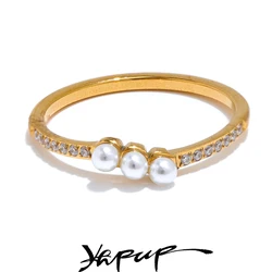 Yhpup 6789# Fashion Delicate Zircon Pearls Thin Exquisite Fairy Finger Charm Ring Stainless Steel High Quality Korean Jewelry