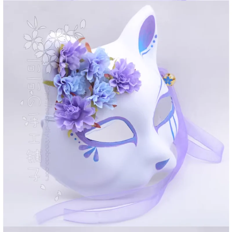 Antique Hanfu Fox Cat Mask Hand drawn Anime Purple Blue Gradient Silk Flower Bell Cosplay
