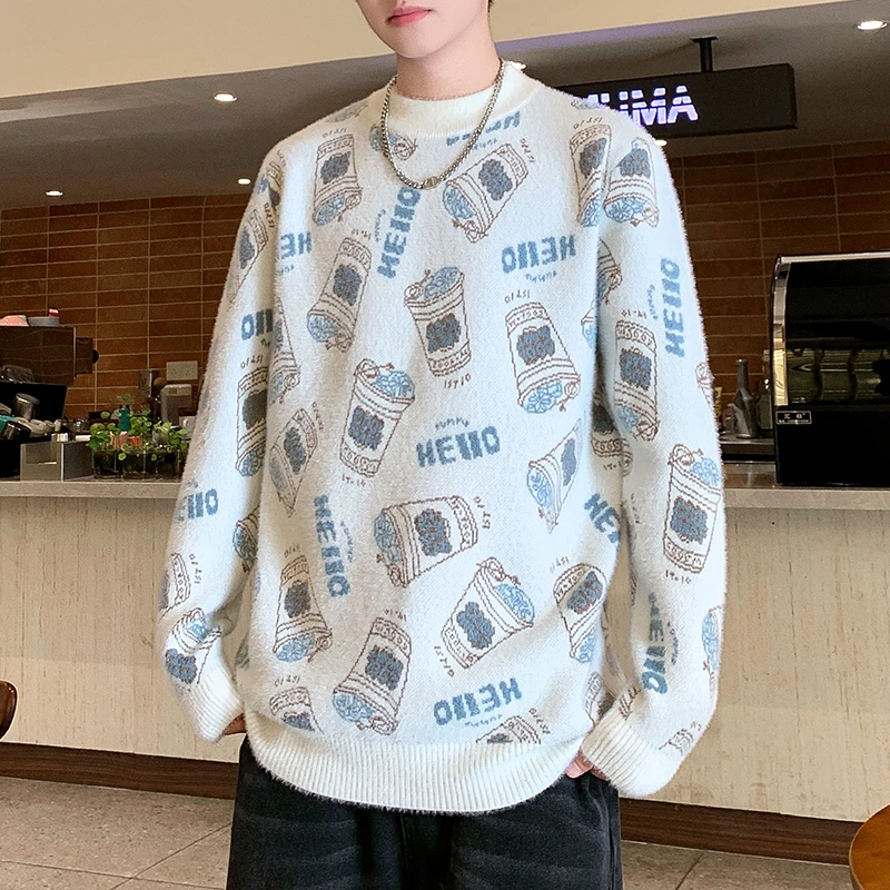 Повседневный вязаный свитер с принтом граффити, осень/зима, корейские мужские рождественские топы, 2025 г., толстый и теплый мужской базовый свитер