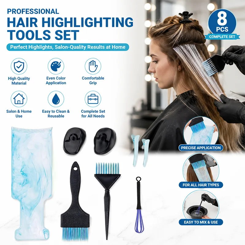 8Pcs Professional Hair Highlighting Tools Set Salon-Quality Hair Dye Kit with Brushes Combs Mixer Clips for Home Hair Coloring