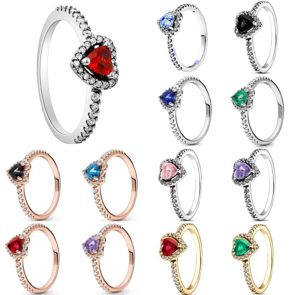 New European 925 Silver,Red Pink,Purple,Green Heart-Shaped Rings are Suitable for Delicate Jewelry for Women at Wedding Parties