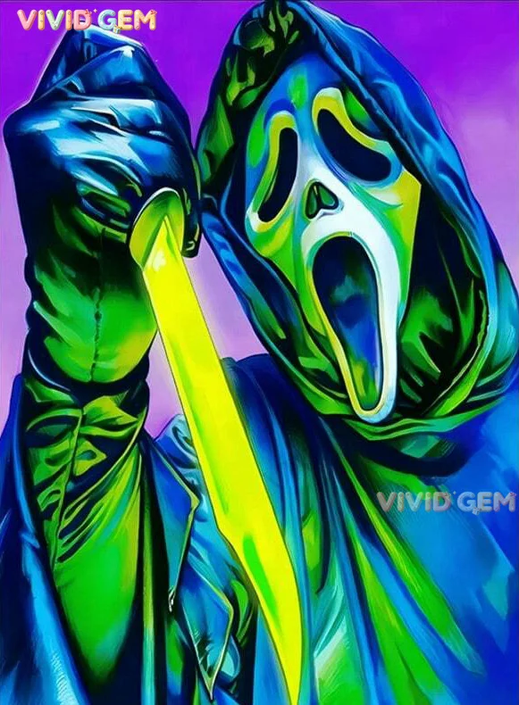 VIVID GEM Niedliches Handgemachtes DIY-Kunstwerk Geistergesicht-Killer Voll-Diamant-Malerei Horror-Gesicht Diamantkunst Kinder-Wanddekoration Geschenk