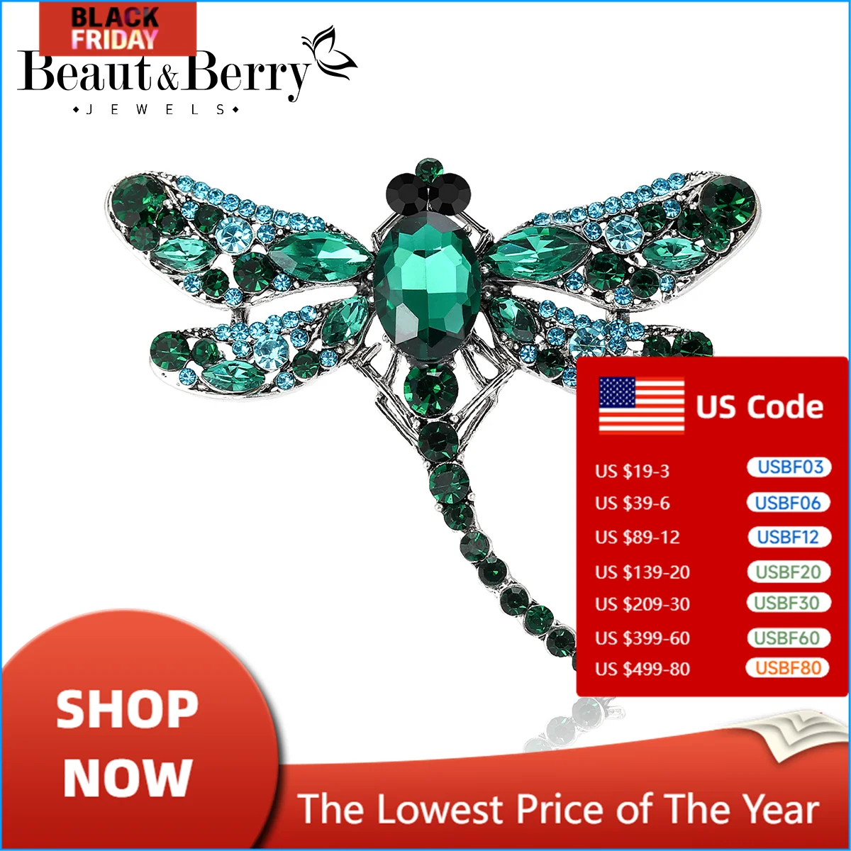 Beaut&Berry Trendy Rhinestone Dragonfly Brooches 7-Color Alloy Insect Women Office Party Pins Jewelry Accessories Gifts