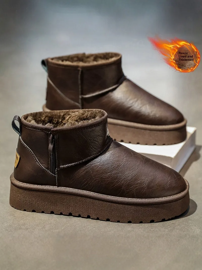 

Men's Winter Thickened Fleece Lined Snow Boots Outdoor Waterproof Anti-slip Leather Shoes Casual Mid-calf Zipper Boots