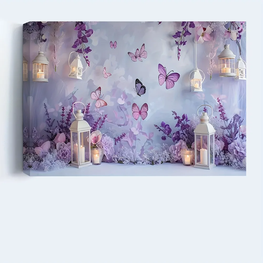 فن قماش الفراشة الأرجوانية الساحرة والزهور العجائب، مثالي لديكور المنزل والمكتب