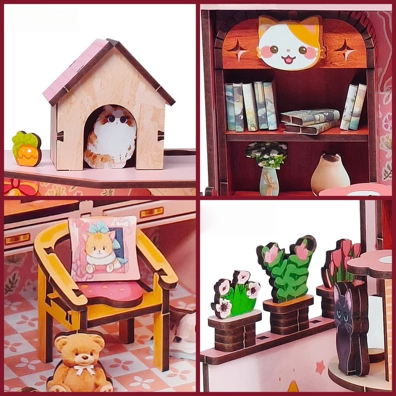 OUZEY Kitten Cottage miniatura DIY, rompecabezas de madera 3D y rincón de libros, lindo regalo de decoración de habitación para niñas adolescentes