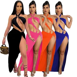 BKLD Women Clothing Sexy Swimsuit Solid Color Hollow Out Bodysuits Tops And Split Skits Set Nightclub Outfit Two Piece Sets