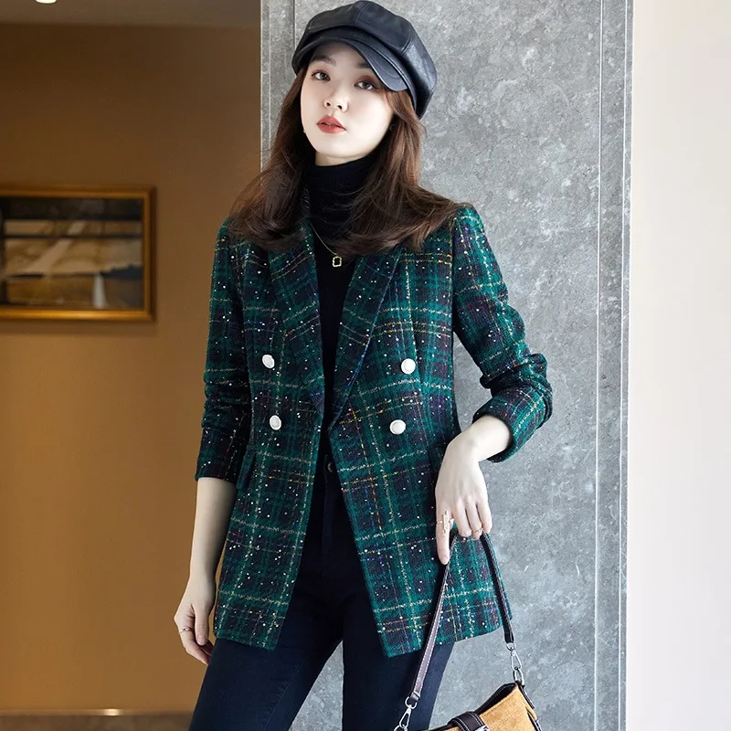 Autumn and Winter New Casual Elegant Small Suit Plaid Coat Women\'s Korean-Style Loose Girl Top