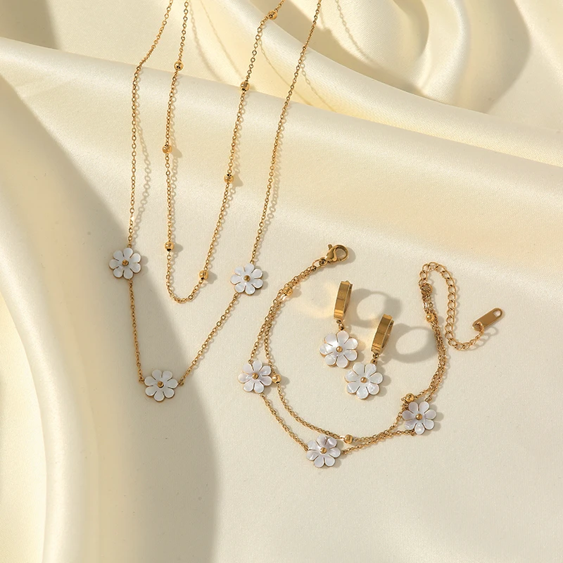 GANEMLY 316L Stainless Steel Cute White Flowers Necklace Earrings Bracelet Set For Women Fashion Waterproof Jewelry Set Gift