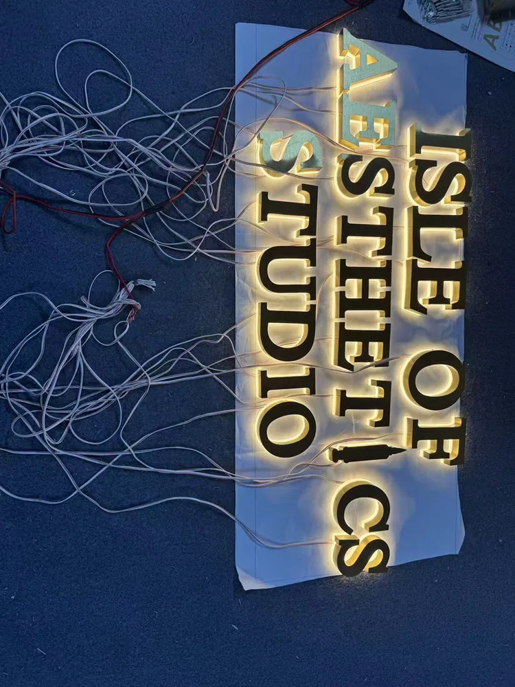 Gold Mirror Stainless Steel 3D Channel Letters Outdoor LED Backlit Sign Custom Store Logo