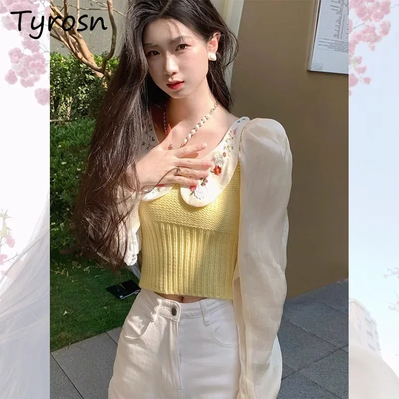 

Crop Pullovers Women Embroidered Peter Pan Collar Knitted Tops Autumn Puff Sleeve Design Sweaters Mesh Patchwork Sweet Lovely