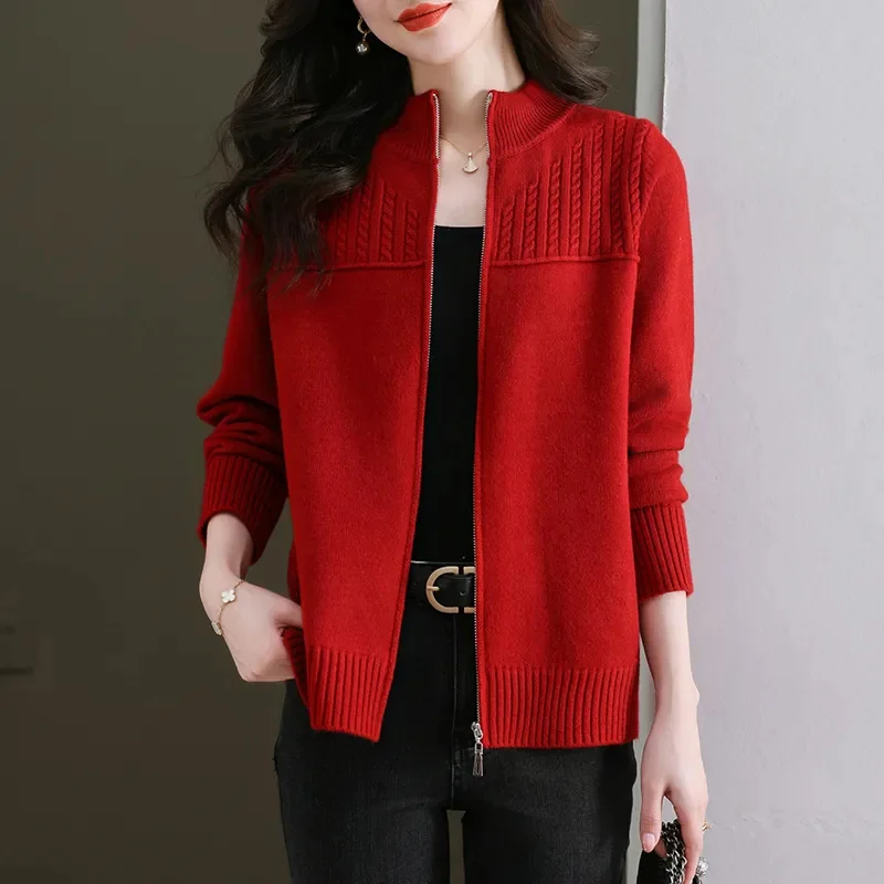 2024 New Spring Autumn Jacket Women Knitted Sweater Cardigan Coat New Solid Stand Collar Zipper Sweater Female Casual Knit Tops