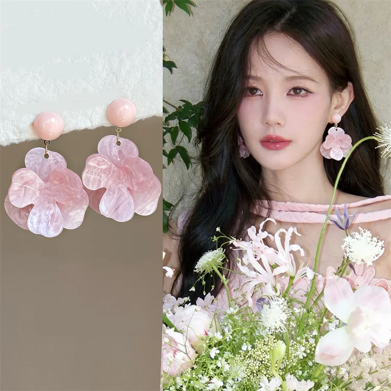 French Vintage Candy Color Flower Earrings For Women Water Corrugated Acrylic Petal Stud Earring Beach Vacation Jewelry Gifts