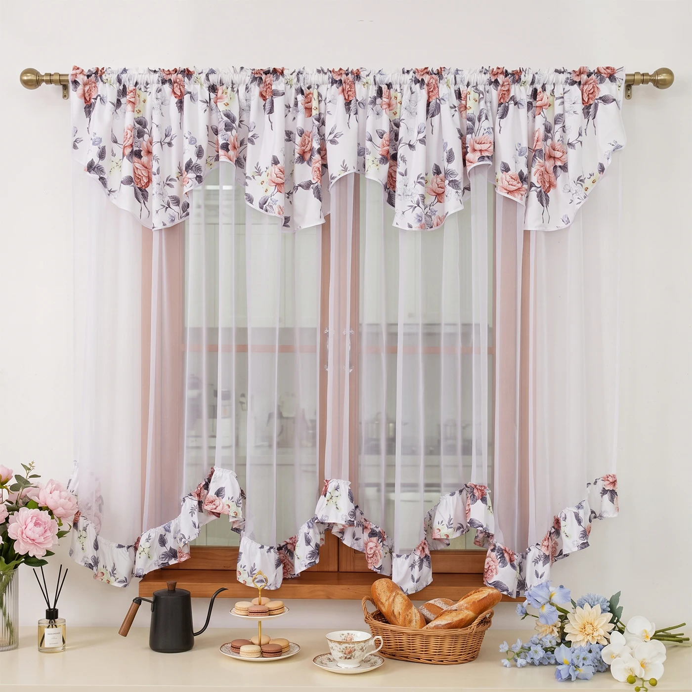 1PC Rustic Rose Floral Sheer Curtain, Light‑Filtering Window Curtain Kitchen Bedroom Farmhouse Decor, Lovely Housewarming Gift