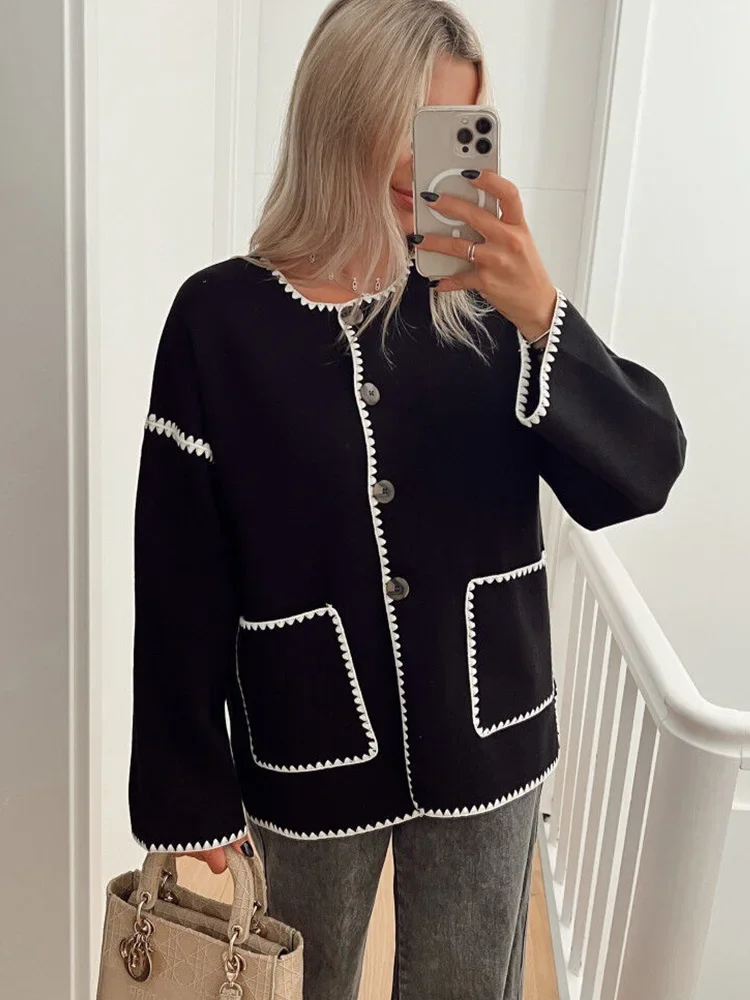 Cappotto in maglia a maniche lunghe con tasca Patchwork da donna cappotto Cardigan monopetto moda donna autunno inverno giacca da strada calda femminile