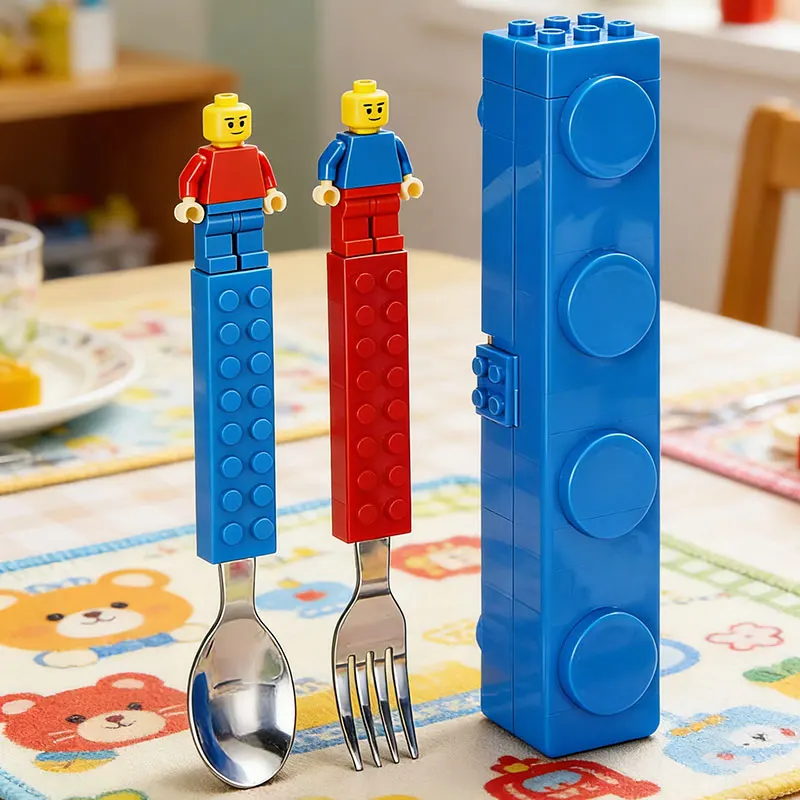 

304 Stainless Kids Funny Fork Spoon Set Children Building Block Toys Cartoon Steel Tableware Portable Storage Dinnerware Sets