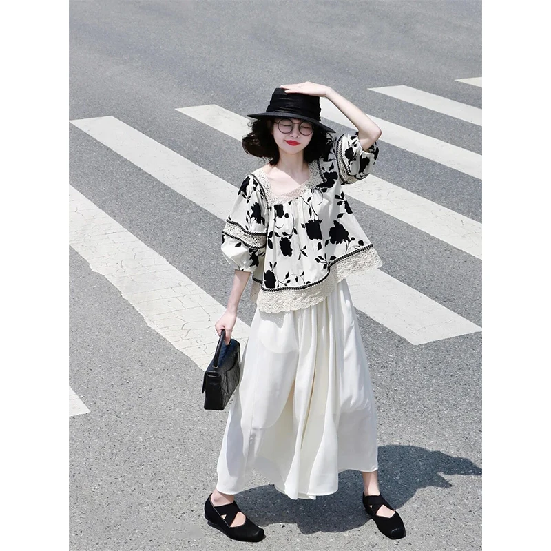 Retro chinês sle floral impressão gola quadrada ort sve solto ajuste bolha sve boneca irt feminino verão suave emagrecimento