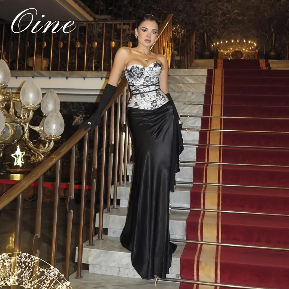 Oine Classic Sweetheart Collar Sleeveless stamp Evening Dresses Prom Gowns Black Mermaid Satin Formal Party Dress Customized