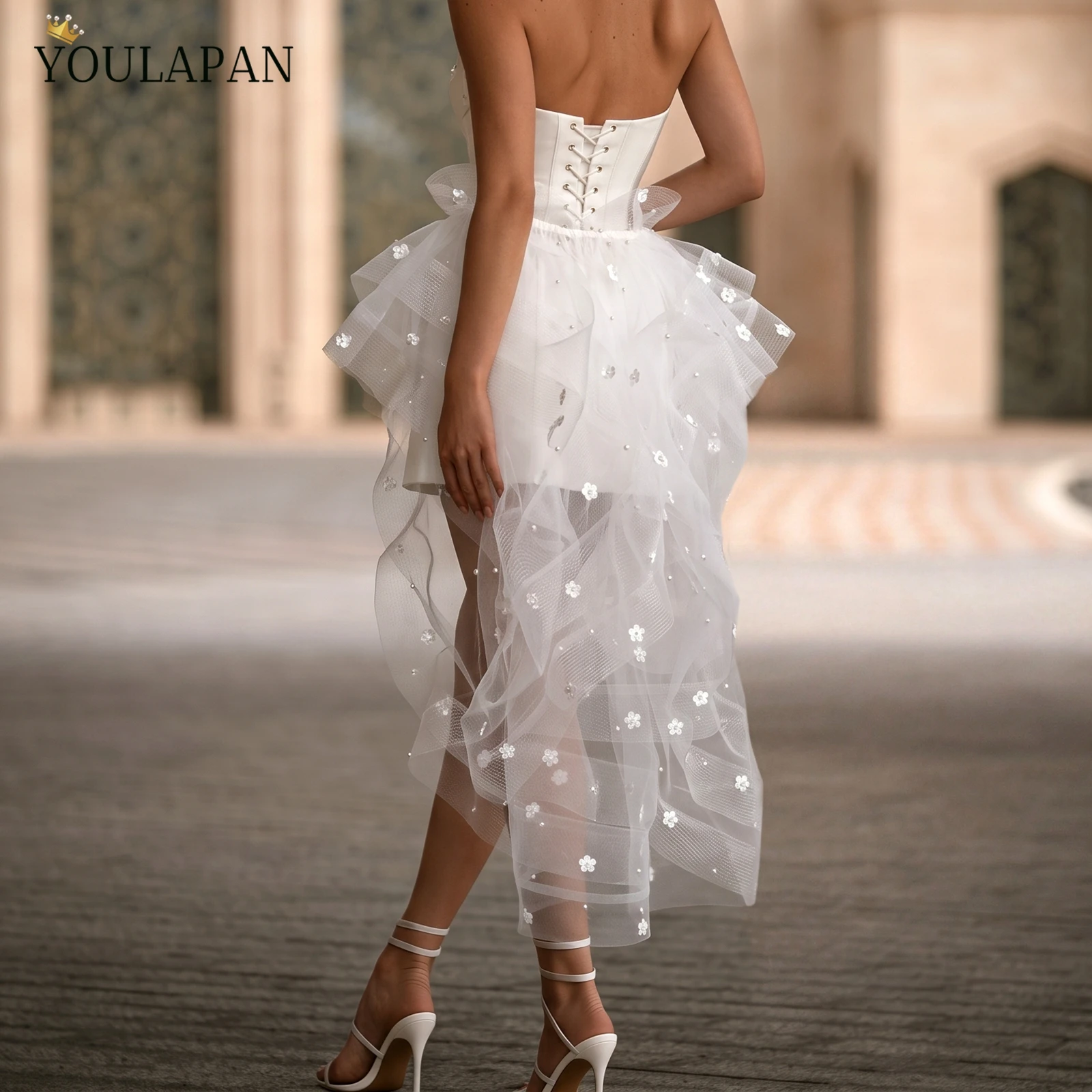 TOPQUEEN Bridal Tulle Over Skirt 3D Flower Pearl Irregular Wedding Detachable Train Falda De Novia Tul Con Flores VB37