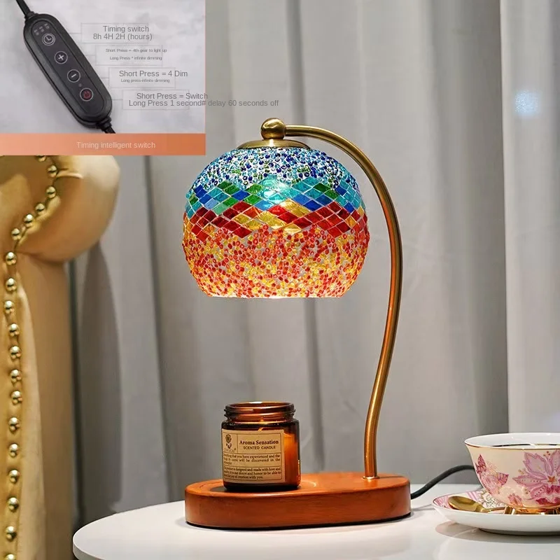 Retro Mosaic Glass Wax Melting Heating Lamp with Timer and Dimming Function- Home Bedroom Flameless Aromatherapy Decorative Lamp