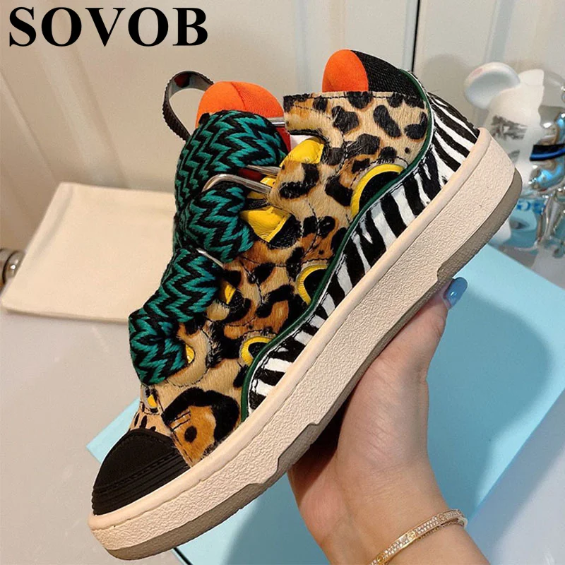 Unisex Spring Thick Sole Leopard Pattern Flat Shoes Lace up Casual Shoes Fashion Board Shoes Everyday Versatile Walking Shoes