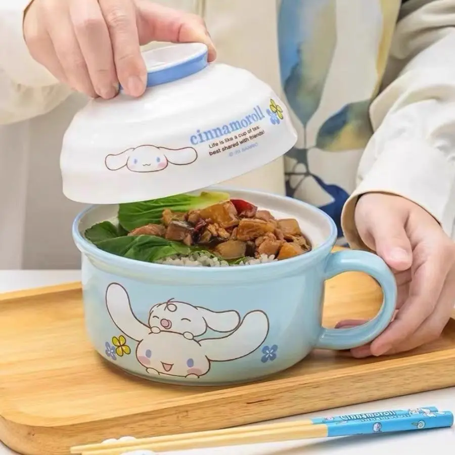 Nowa Kreskówkowa Miska na Nudle Instant Śliczna Sanrio Kawaii Studencka Miska na Owoce do Akademika Kuchenka Mikrofalowa Ceramiczna Miska z Pokrywką Prezenty Zabawki