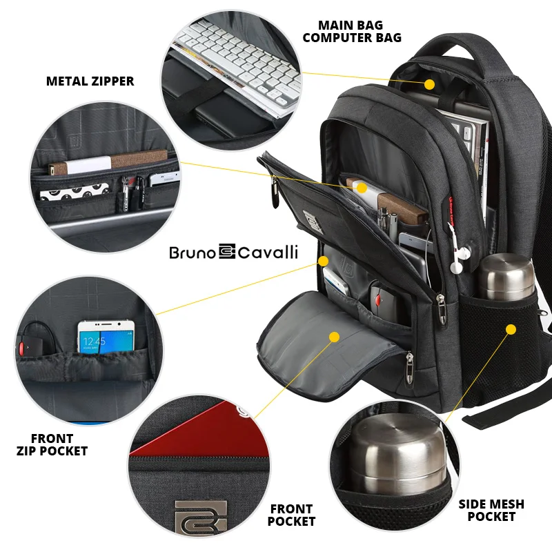 Mochila Laptop Durável Anti-Roubo com Porta de Carregamento USB, Mochila Escolar para Mulheres e Homens, Viagem de Negócios, Durável, 15.6 ", 17"