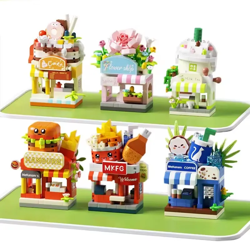 Restaurant Dessert Koffie Fruit Bloemenwinkel Snack Street View Cake Voedsel Huis Bouwstenen Kits Meisjes Bakstenen Model Kinderen Speelgoed