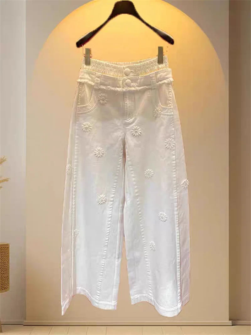 New Fashion Flowers Embroidery Women's Jeans Autumn Casual High Waist Solid Color Denim Wide Leg Pants Ankle Length Trousers