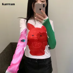 Karrram Y2k Aesthetics Mesh Tops Japanese Harajuku Cartoon Print T-shirt 2000s Vintage Cute T Shirt Korean Style Dopamine Tops