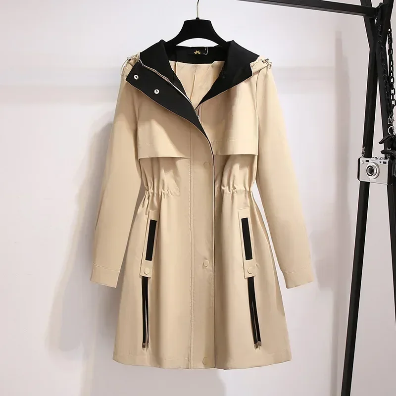 2XL-6XL Plus Size Windcoat Women Black Wind Coat for Womens Mid Length Coat Woman Gabardina Mujer Khaki Hooded Coats 4XL 5XL