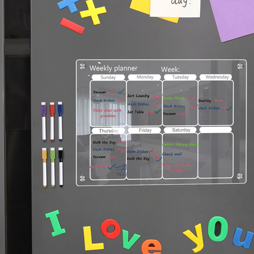冷蔵庫用透明カレンダー、アクリルウィーク、強力な磁気ボード、ホワイトボードプランナー、6つの消去可能なマーカーが含まれています