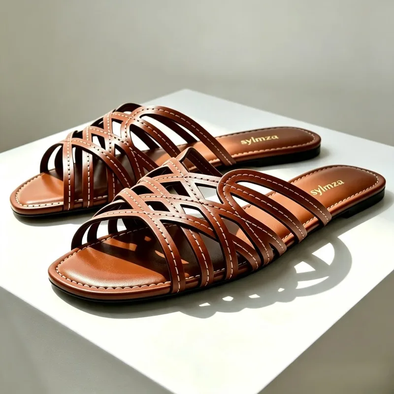 Fashion Cross Tied Topstitching Detail Flat Slippers for Ladies Sexy Open Toe Slide Sandals Summer Light Comfortable Women Shoes