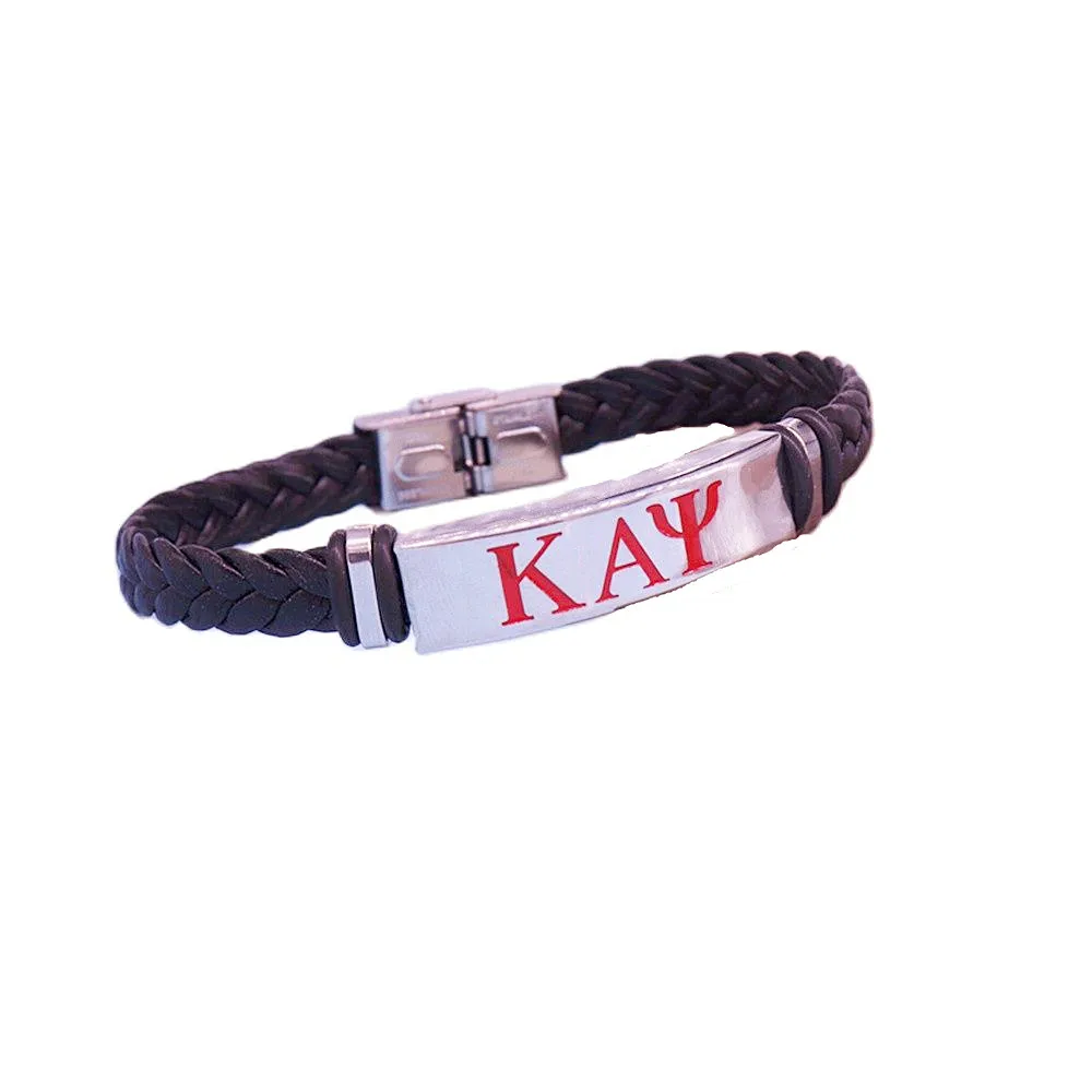 Leather Chain Stainless Steel Engraved Red Enamel Buckle Greek Fraternity Club Organization KAY Alpha Psi Bracelet Bangles