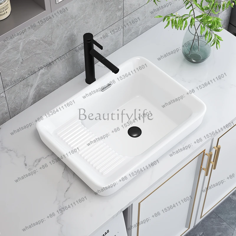 yj57 Balcony ceramic countertop basin laundry basin with rubbing board semi-embedded countertop basin sink