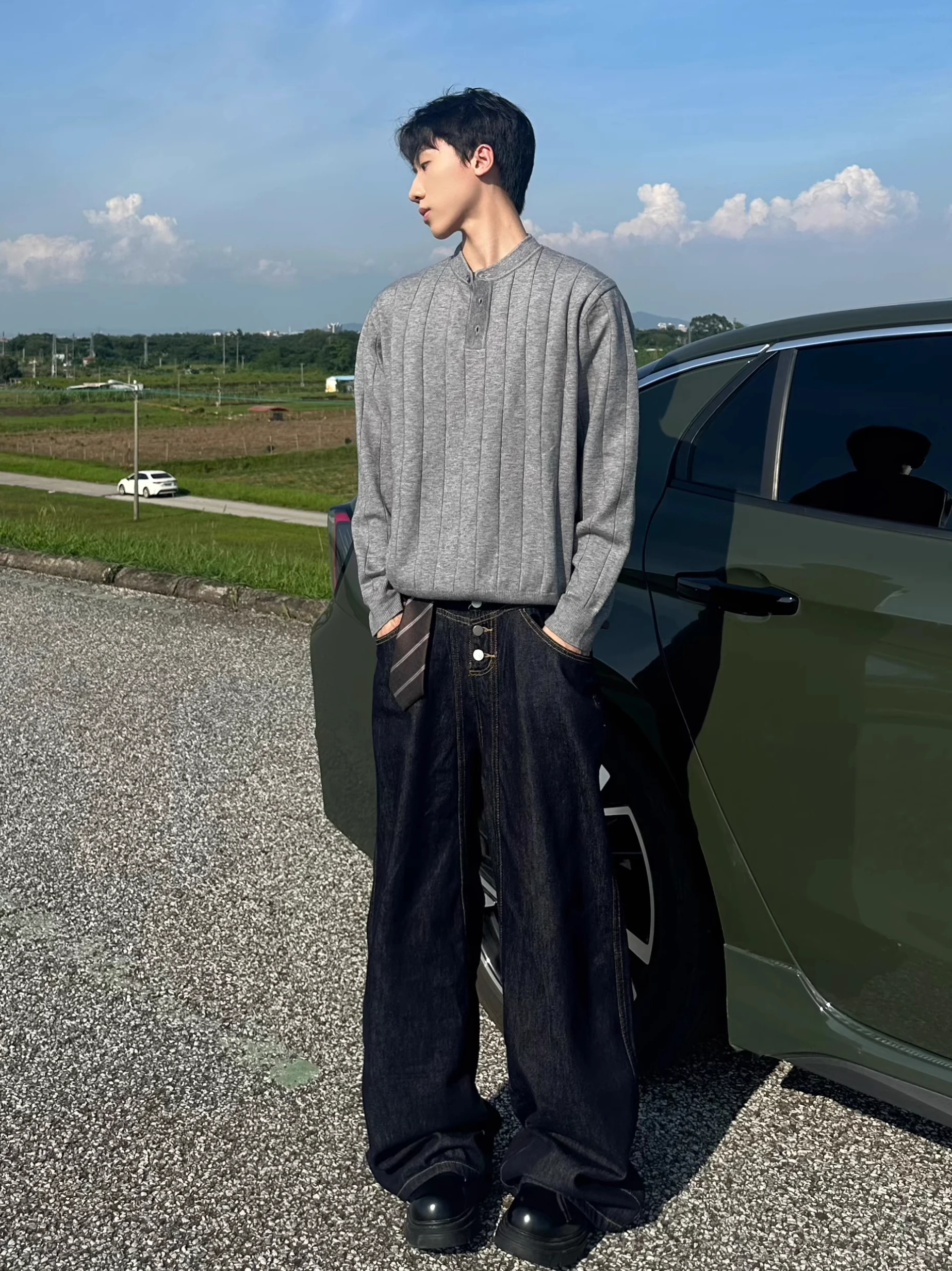 

Мужской повседневный свитер в американском ретро-стиле с полосатой текстурой и воротником Хенли, осенне-зимний, универсальный, с длинным рукавом, для города