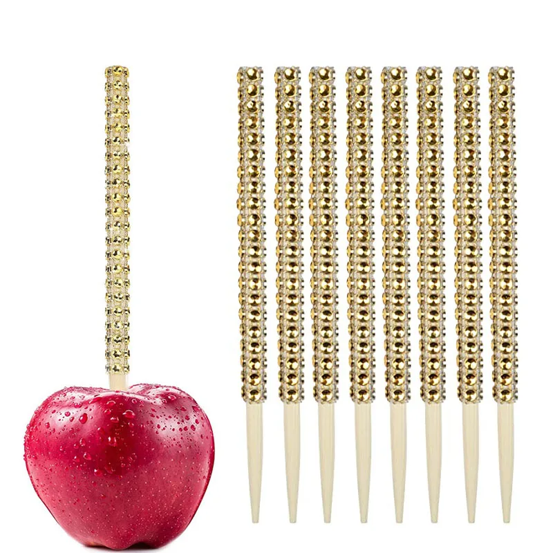 10pcs Bling Candy Apple Bamboo Sticks Caramel Apple Wooden Pointed Skewers Rhinestones Diamond Mesh Wrap Fruit Treats cake Pop