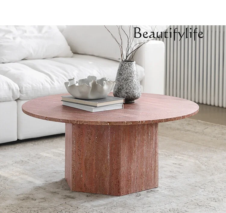 Cream style natural marble coffee table cave stone living room Nordic wabi **** French round table