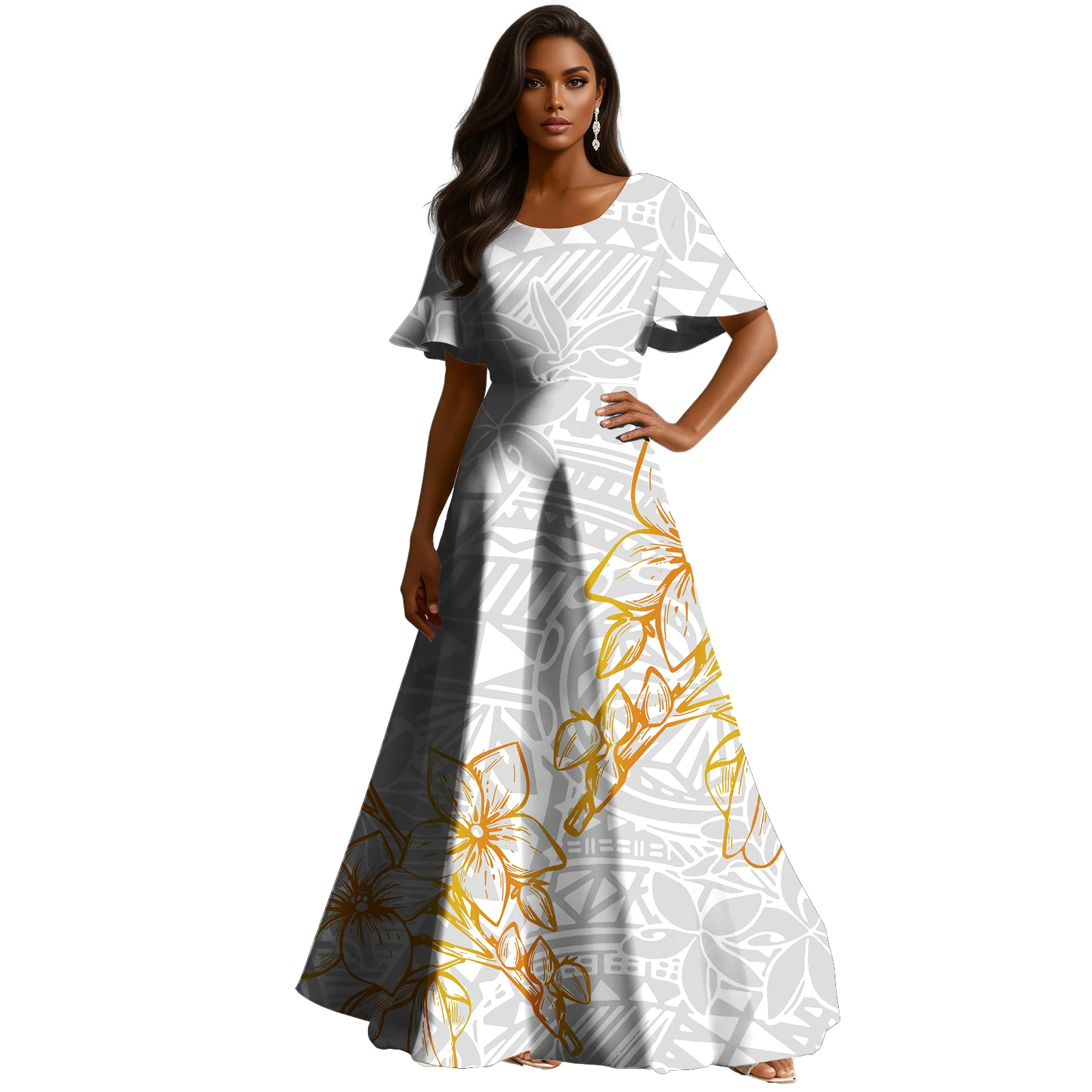 Customizable Polynesian Puletasi Loose Dress Tapa Print Design A-line Floor-Length Samoan Style for Women for Prom
