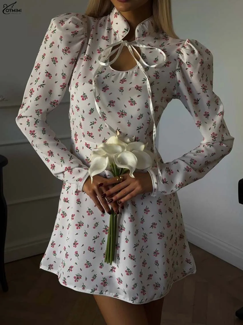 

Oymimi Fashion Green Print Dresses 2025 Woman Casual Turtleneck Lace-Up Long Sleeve Dresses Elegant New High Waist Mini Dress