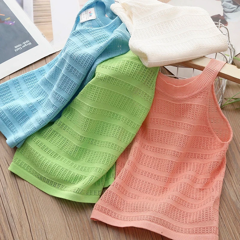 2024 Summer New 2 3 4 5 6 7 8 10 Years Children Clothing Kids Candy Color Hollow Out Strapless T-Shirt Beach Vest For Baby Girls