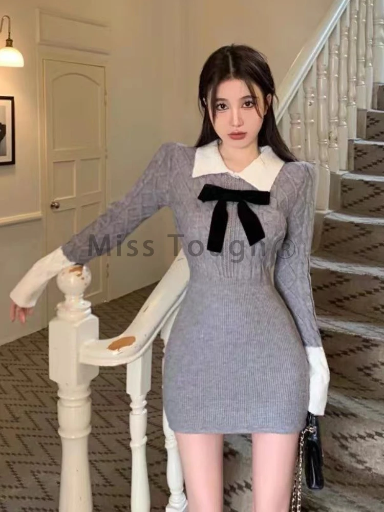 Winter French Vintage Elegant Knitted Dress Women Solid Bow Y2k Designer Sweater Dress Female Korean Fashion Casual Dress 2023