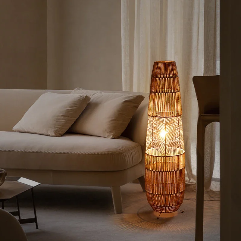 Vinatge Wicker Floor Light Handmade Rattan Floor Lamp for Living Room bedroom Sofa Decor LED Bedside Hand-woven table lamp