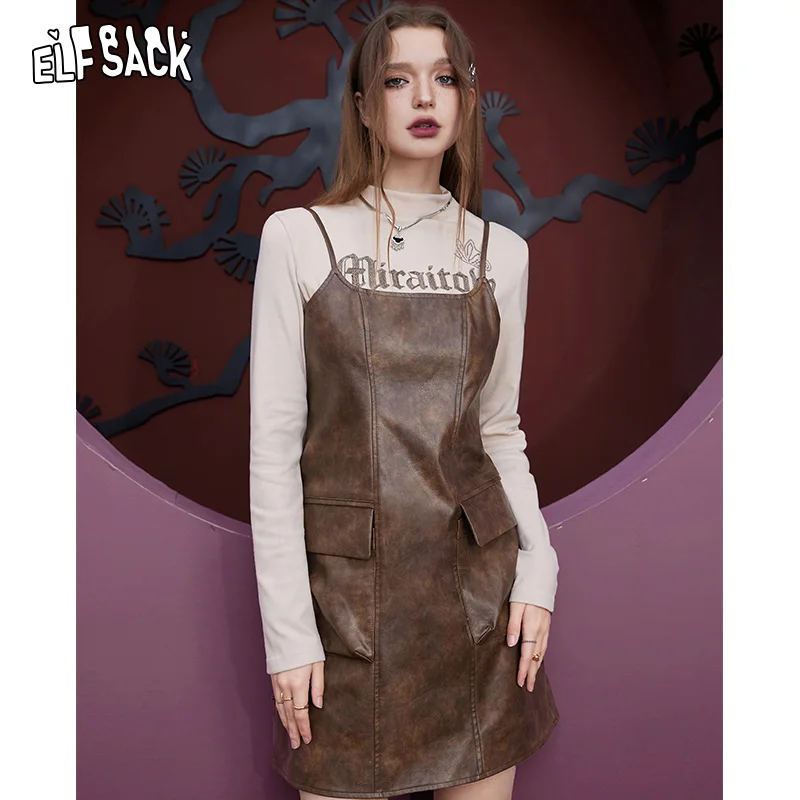 

ELFSACK PU High Waist Casual Slim Slip Dresses Women 2023 Winter Sexy Ladies Vintage Party Dress