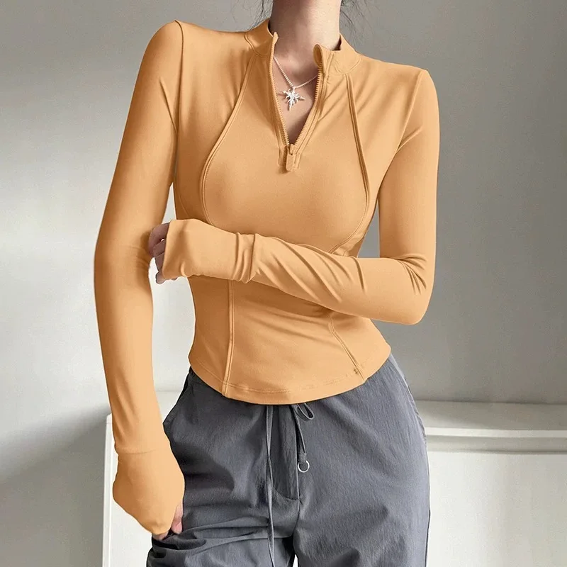 

Women's yoga and fitness top, elastic half zipper slim fit and slimming, quick drying sports and fitness long sleeves