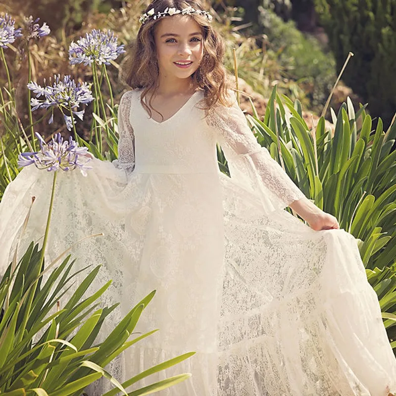 New Children's Clothes Flower Girl Lace Dress Long Sleeve Round Neck Children's Dress Host Show Costume