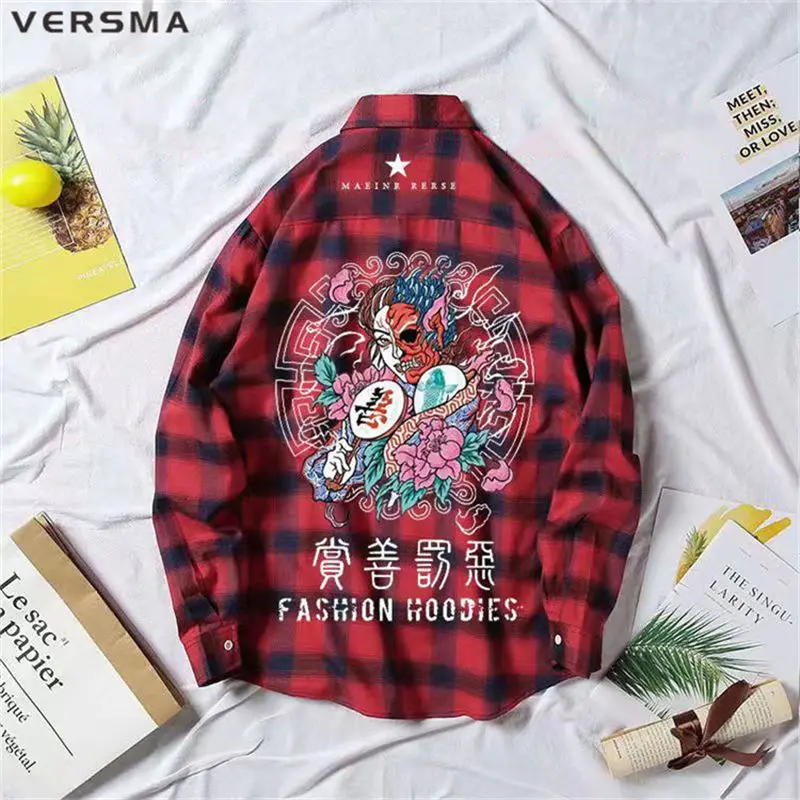 VERSMA High Street Hip Hop Panda Printed Plaid Oversize Shirt Men Japanese Harajuku Vintage Checkered Shirts Women Dropshipping