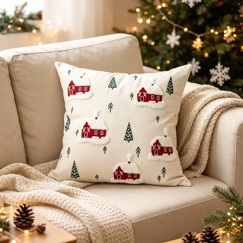 Christmas Pillow Cover Red Small House Modern and Simple Sofa Lumbar Cushion Cover