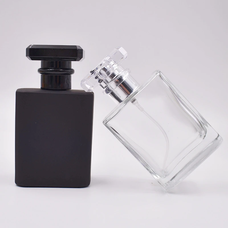 

50ml Square Clear Portable Black Lid Frosted Pressed Fine Spray 30ml Perfume Separate Bottle 100ml Glass Aromatherapy Wholesale