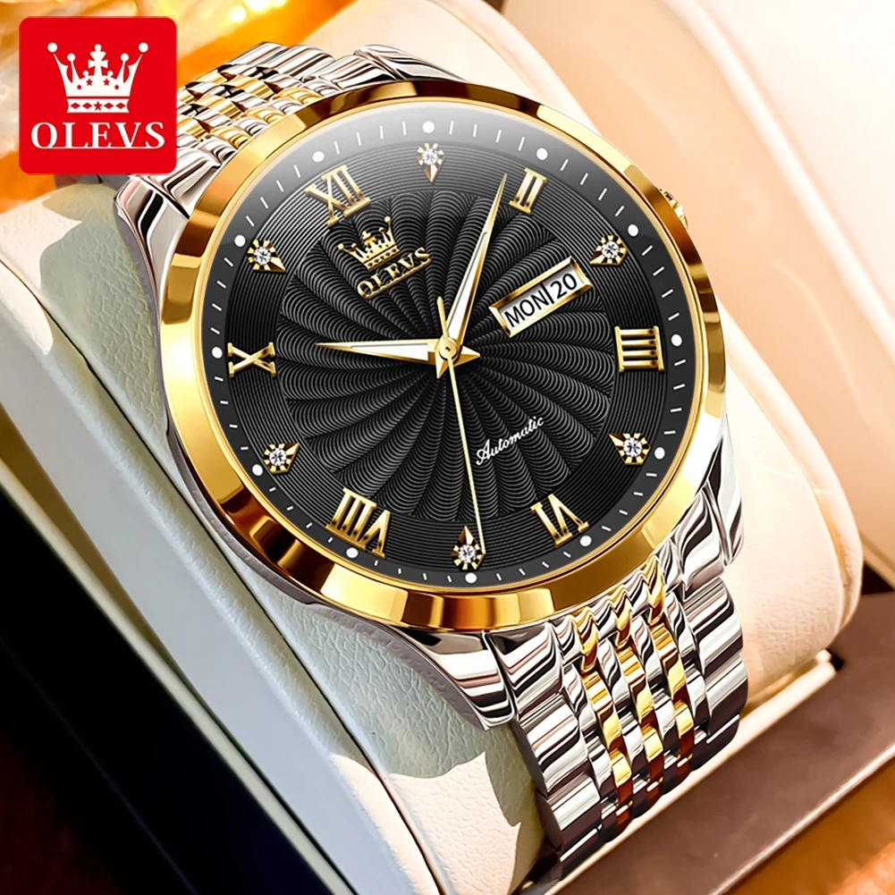 OLEVS Top Brand Automatic Mechanical Men Watch Threaded Dial Waterproof Stainless Steel Strap Classic Men\'s Watches Luxury